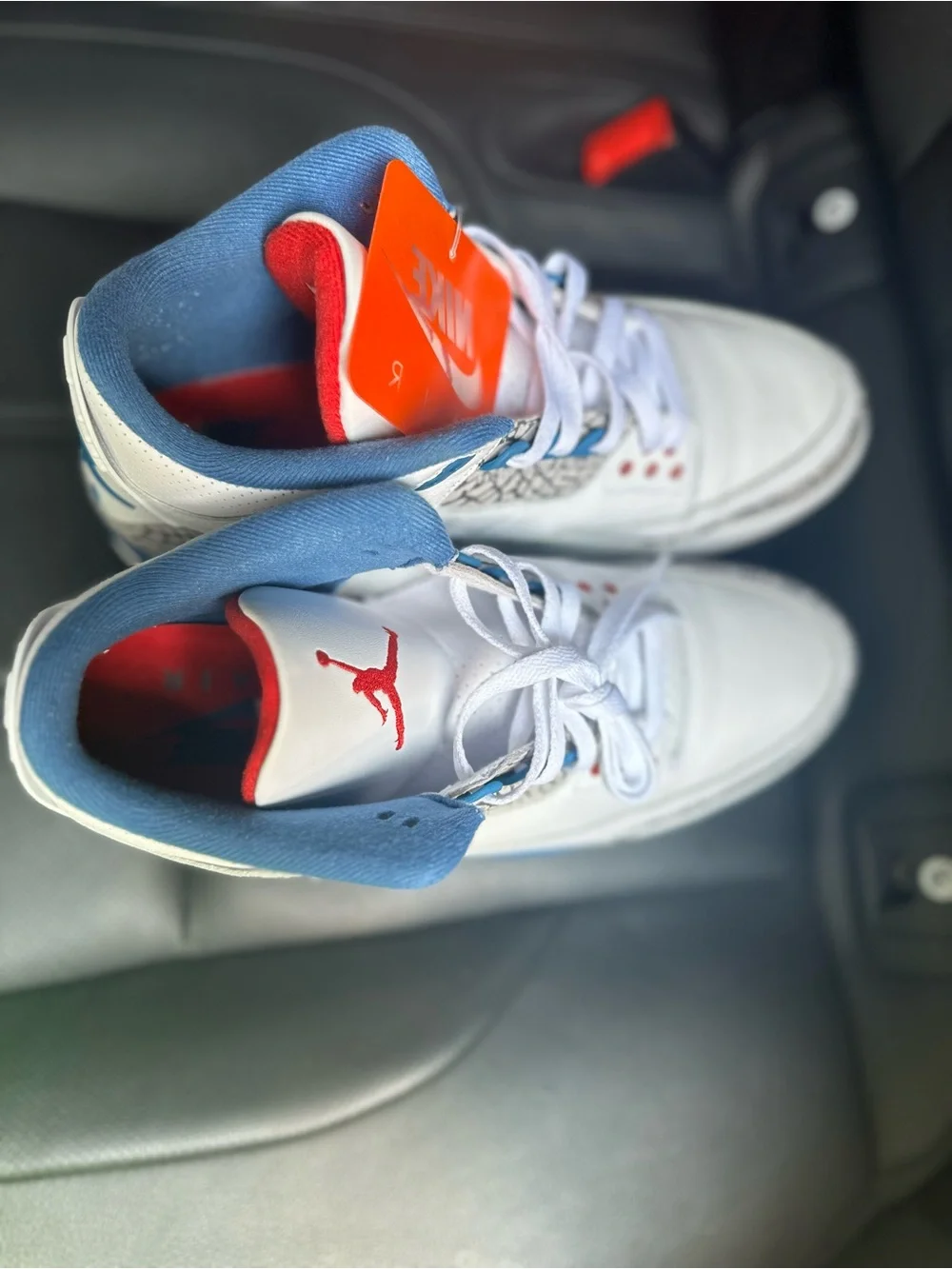 Jordan3 White Sneakers with Blue and Red Accents